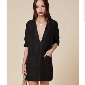 REFORMATION Black Deep V Linen Blend Caftan Mini Dress Sz Small
